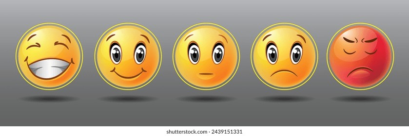 Set of emotion rating feedback Illustrations. Different mood smiley emoticons - excellent, good, normal, bad, awful.
