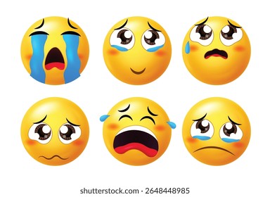 Set of emotional 3D emojis with teary, crying, and heartbroken expressions. Ideal for emotional messaging, sadness concepts, reaction stickers, or digital communication.