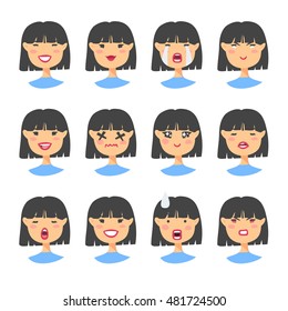 Set of emotional asian characters. Cartoon style emotion icons. Isolated girls avatars with different facial expressions. Flat illustration women's emotional faces. Hand drawn vector drawing emoticon