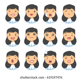 Set of emotional asian characters. Cartoon style emotion icons. Isolated girls avatars with different facial expressions. Flat illustration women's emotional faces. Hand drawn vector drawing emoticon