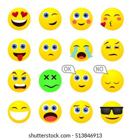 Set of emotional bright yellow face on a white background. Flat vector emoticons. Set vector smiley. Characters smiley