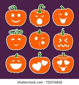 Set of emotional cartoon smiles of cute pumpkins. Halloween pumpkins. Flat design. Vector illustration. 