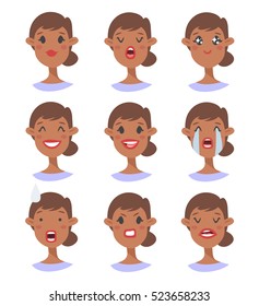 Set of emotional character. Cartoon style emotion icons. Isolated girl avatars with different facial expressions. Flat illustration black women's faces. Hand drawn vector drawing emoticon