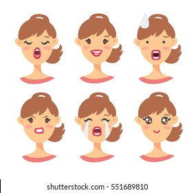 Set of emotional character. Cartoon style emotion icons. Isolated girl avatars with different facial expressions. Flat illustration women's faces. Hand drawn vector drawing emoticon