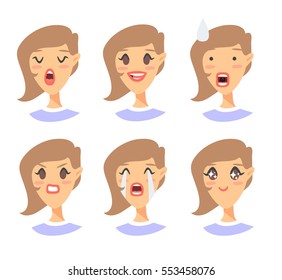 Set of emotional character. Cartoon style emoji icons. Isolated girl avatars with different facial expressions. Flat illustration women's faces. Hand drawn vector drawing emoticon