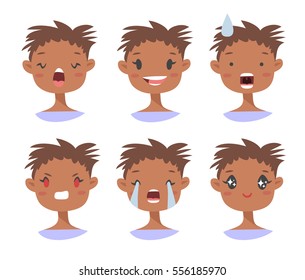 Set of emotional character. Cartoon style emotion icons. Isolated black girl avatars with different facial expressions. Flat illustration women's faces. Hand drawn vector drawing emoji