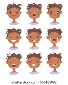 Set of emotional character. Cartoon style emotion icons. Isolated black girl avatars with different facial expressions. Flat illustration women's faces. Hand drawn vector drawing emoji