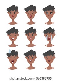Set of emotional character. Cartoon style emotion icons. Isolated black girl avatars with different facial expressions. Flat illustration women's faces. Hand drawn vector drawing emoji