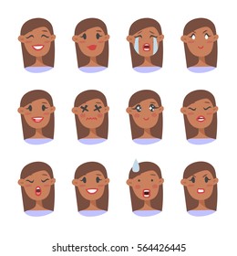 Set of emotional character. Cartoon style emotion icons. Isolated black girl avatars with different facial expressions. Flat illustration women's faces. Hand drawn vector drawing emoji