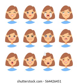 Set of emotional character. Cartoon style emoji icons. Isolated girl avatars with different facial expressions. Flat illustration women's faces. Hand drawn vector drawing emoticon