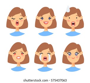 Set of emotional character. Cartoon style emoji icons. Isolated girl avatars with different facial expressions. Flat illustration women's faces. Hand drawn vector drawing emoticon
