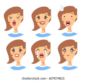 Set of emotional character. Cartoon style emotion icons. Isolated girl avatars with different facial expressions. Flat illustration women's faces. Hand drawn vector drawing emoji