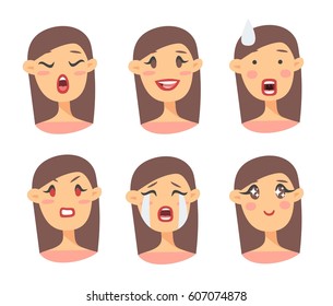 Set of emotional character. Cartoon style emotion icons. Isolated girl avatars with different facial expressions. Flat illustration women's faces. Hand drawn vector drawing emoji