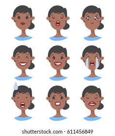 Set of emotional character. Cartoon style emotion icons. Isolated black girl avatars with different facial expressions. Flat illustration women's faces. Hand drawn vector drawing emoji