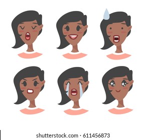 Set of emotional character. Cartoon style emotion icons. Isolated black girl avatars with different facial expressions. Flat illustration women's faces. Hand drawn vector drawing emoji