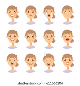 Set of emotional character. Cartoon style emotion icons. Isolated girl avatars with different facial expressions. Flat illustration women's faces. Hand drawn vector drawing emoticon