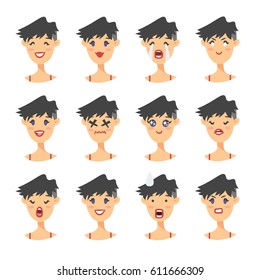 Set of emotional character. Cartoon style emotion icons. Isolated girl avatars with different facial expressions. Flat illustration women's faces. Hand drawn vector drawing emoticon