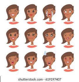 Set of emotional character. Cartoon style emotion icons. Isolated black girl avatars with different facial expressions. Flat illustration women's faces. Hand drawn vector drawing emoji