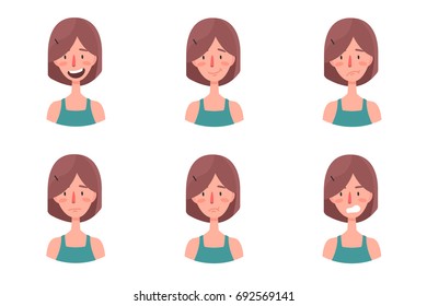 Set of emotional character. Cartoon style icons. Isolated girl avatars with different facial expressions. Flat illustration women's faces. Hand drawn vector drawing emoticon