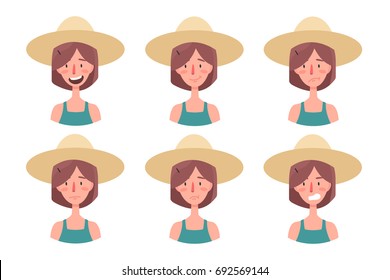 Set of emotional character. Cartoon style icons. Isolated girl avatars with different facial expressions. Flat illustration women's faces. Hand drawn vector drawing emoticon