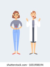 Set of emotional characters. Cartoon style emotion patient and doctor. Isolated women with different facial expressions. Flat illustration people. Hand drawn vector drawing emoticon
