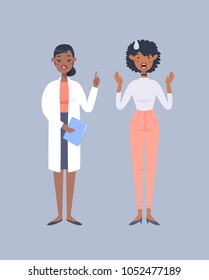 Set of emotional characters. Cartoon style emotion doctor and patient. Isolated women with different facial expressions. Flat illustration people. Hand drawn vector drawing emoticon
