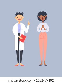 Set of emotional characters. Cartoon style emotion doctor and patient. Isolated women with different facial expressions. Flat illustration people. Hand drawn vector drawing emoticon