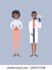 Set of emotional characters. Cartoon style emotion doctor and patient. Isolated women with different facial expressions. Flat illustration people. Hand drawn vector drawing emoticon