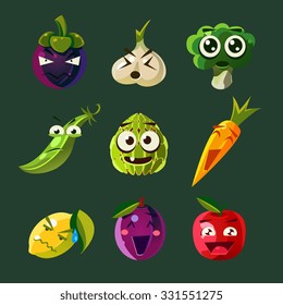Set of emotional comic fruit and vegetables, vector illustrations in flat design