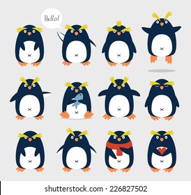 Set of emotional cute crested penguins. Cartoon character.