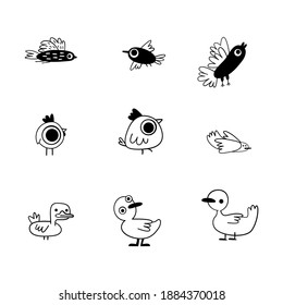 Set emotional doodle characters birds. Illustration sticker for print.