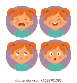 Set of emotional expressions of red-haired girl with pigtails in circular frames showing crying, laughing, sad, and surprised faces. Cartoon illustration in flat vector style. Childhood emotion 