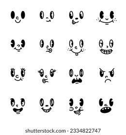 Set emotional faces from cartoons in retro style. Animation character elements of eyes and mouths, a collection of emotions. Vector illustration.