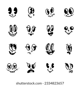 Setzen Sie emotionale Gesichter aus Cartoons im Retro-Stil. Animation Charakter Elemente von Augen und Mund, eine Sammlung von Emotionen. Vektorgrafik.