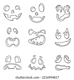 A set of emotional facial expressions for the jack-o-lantern pumpkin. A collection of different eyes and mouths for cartoon characters for Halloween. Customizable elements for design.