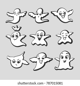 Set of emotional ghosts. sketched by hand. Party collection.