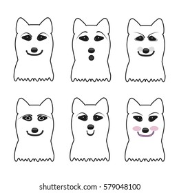 Set of Emotional Husky dog face outline icons isolated on white background