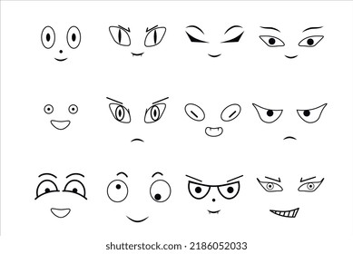 Set of emotional icons. Different emotions of sadness, happiness, anger, courtship, shame, rage, stupidity. Emoticons on a white background. Eyes with different emotions and different shapes.