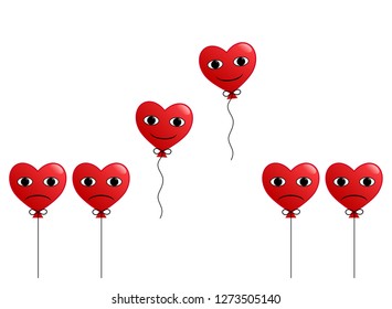 A Set Of Emotional Icons In The Form Of Hearts. Hearts On The Rope Breaking Free