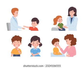 Conjunto de niños emocionales con dermatitis atópica de estilo plano, ilustración vectorial aislada en fondo blanco. Médicos y madres, atención y tratamiento, enrojecimiento y erupción cutánea en la cara y el cuerpo