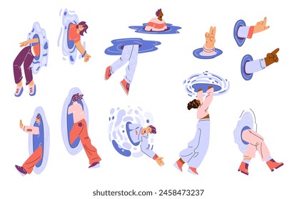 Set of emotional people go through blue portal or teleport flat style, vector illustration isolated on white background. Decorative design element, fantasy, travel in time and space technologies