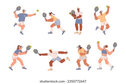 Set of emotional people playing tennis flat style, vector illustration isolated on white background. Decorative design elements collection, active sport game, boys and girls with rackets