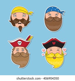 Set of emotional pirates. Different emotional faces. Vector illustration.