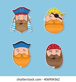 Set of emotional pirates. Different emotional faces. Vector illustration.