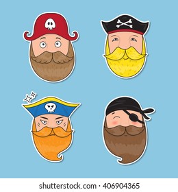 Set of emotional pirates. Different emotional faces. Vector illustration.