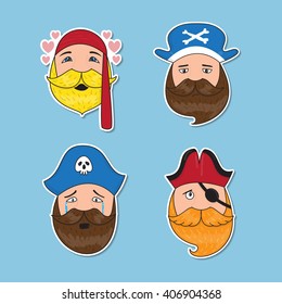Set of emotional pirates. Different emotional faces. Vector illustration.