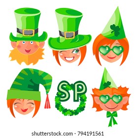 a set of emotional portraits of participants in the festival of St. Patrick. Monogram of St. Patrick's Day. Wreath from the leaves of the clover