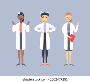 Set of emotional professional character. Cartoon style emotion doctor. Isolated woman with different facial expressions. Flat illustration people. Hand drawn vector drawing emoticon