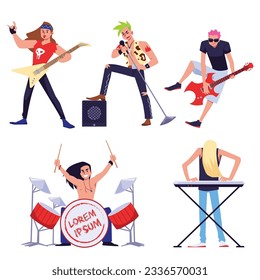 Set of emotional rock performers flat style, vector illustration isolated on white background. Playing and singing musicians, fashion, various instruments. Vocalist, guitarists, drummer