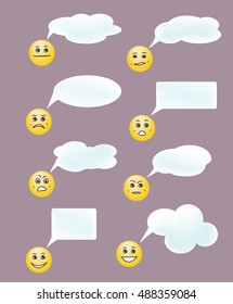 Set of emotional smiles with clouds for text